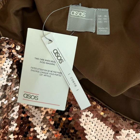 ASOS Design Sequin Cami Top Size 14 Spaghetti Strap Rose Gold V Neck Lined - Picture 7 of 9